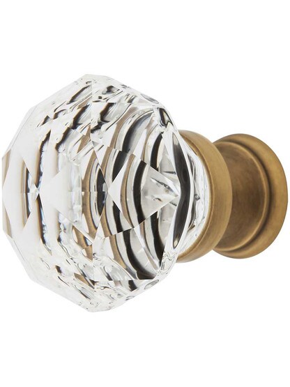 Diamond Cut Crystal Cabinet Knob With Brass Base in Antique Brass.